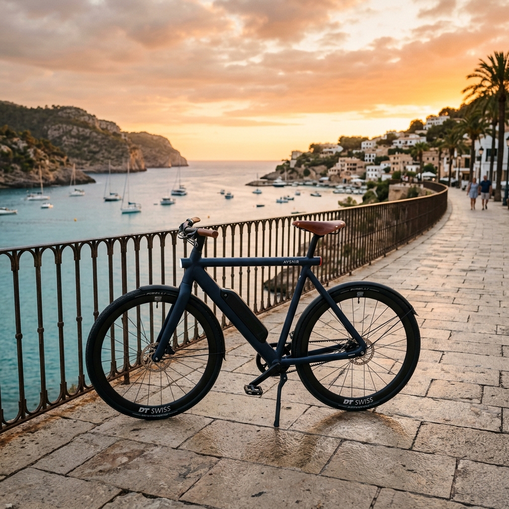 E-bike elétrica Premium EletroMove estacionada no pôr do sol